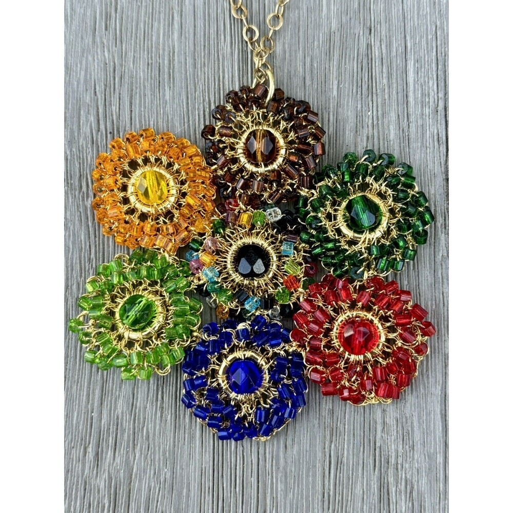 Lavish By Tricia Milaneze Hand Designer Beaded Colorful Crochet Flower Necklace